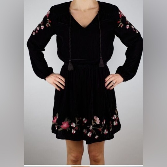 a.n.a Dresses & Skirts - a.n.a. A New Approach Black Velvet Mini Dress Embroidered Long Sleeve, Size L